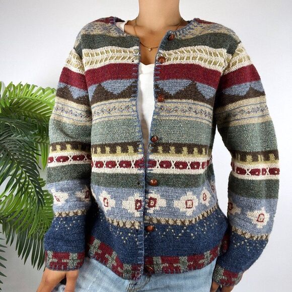 Vintage 90s Cottagecore Aztec Patchwork Western Silk Wool Cardigan Sweater / L - Picture 5 of 6